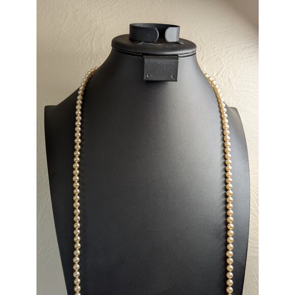 Vintage Faux Champagne Hand-Knotted 6mm Glass Pearl 32" Long Strand Necklace - Picture 2 of 6